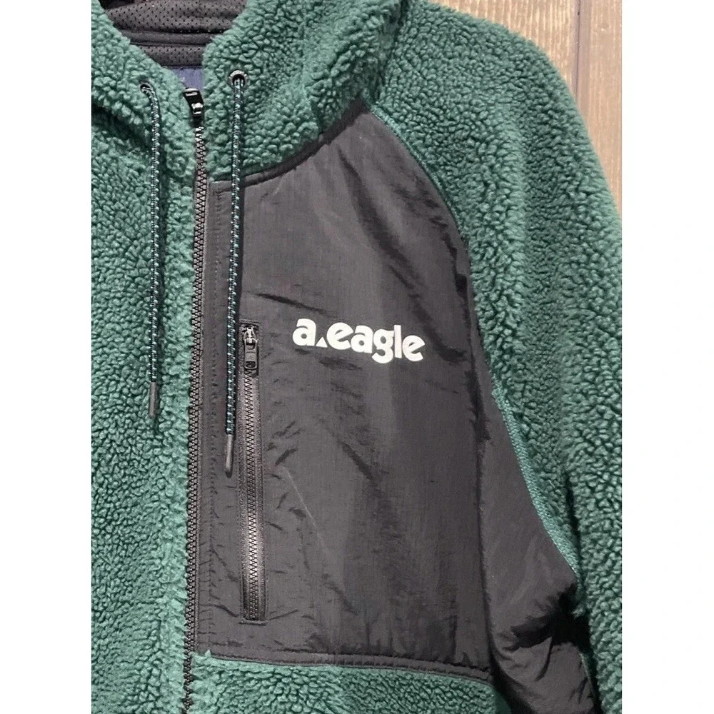 American Eagle Full Zip Fleece Jacket Hunter Green Hooded Long Sleeve Men's XXXL